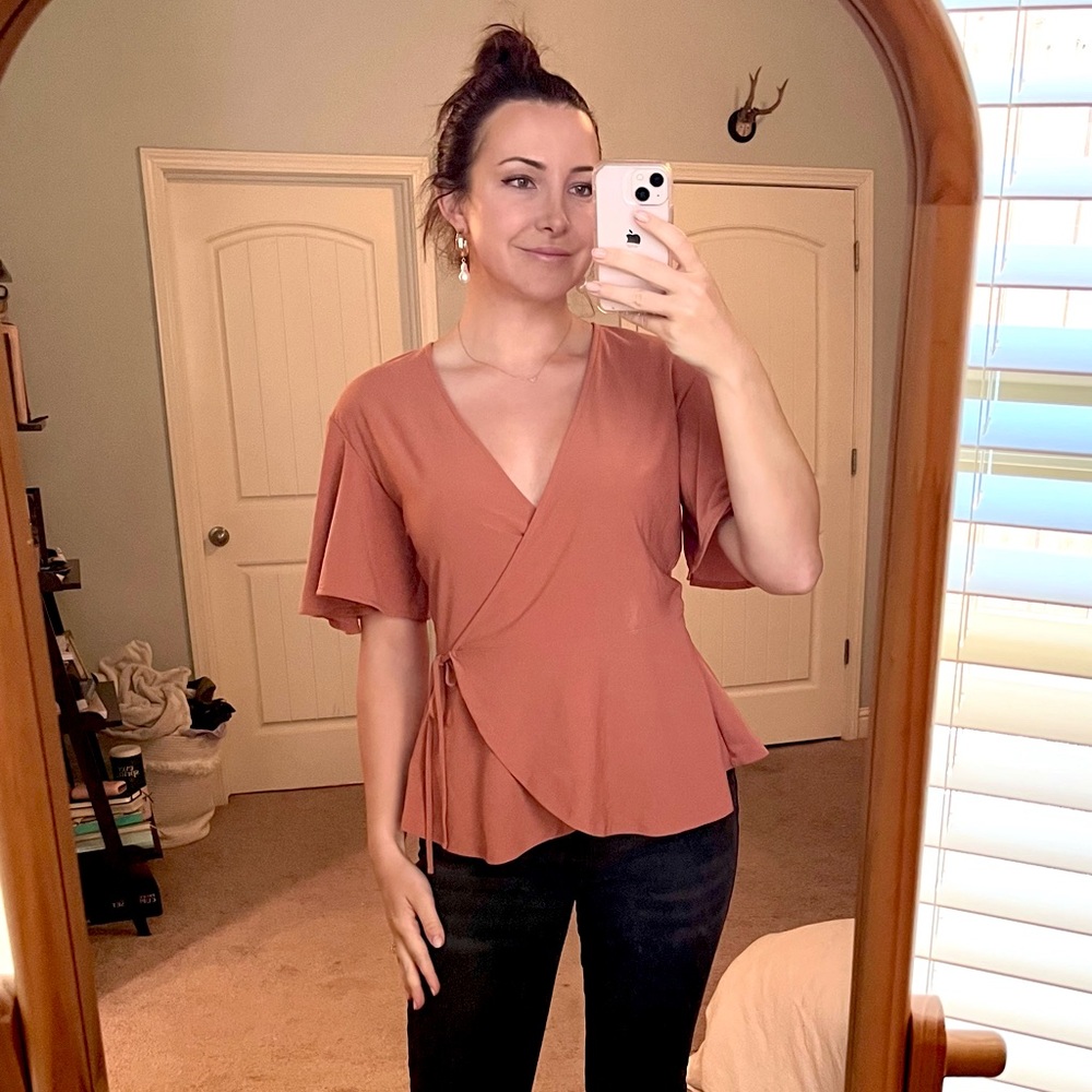 Burnt sienna wrap around low cut blouse front tie